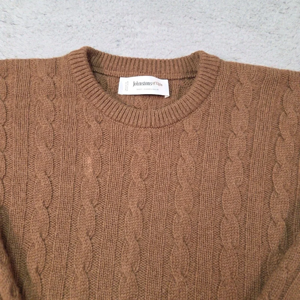 VTG Johnstons of Elgin Sweater Mens M 100% Camelhair Cable Knit Scotland READ